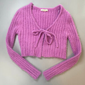 AEROPOSTALE Cardigan Purple Medium Fuzzy Tie Crop Coquette Soft Girl Balletcore